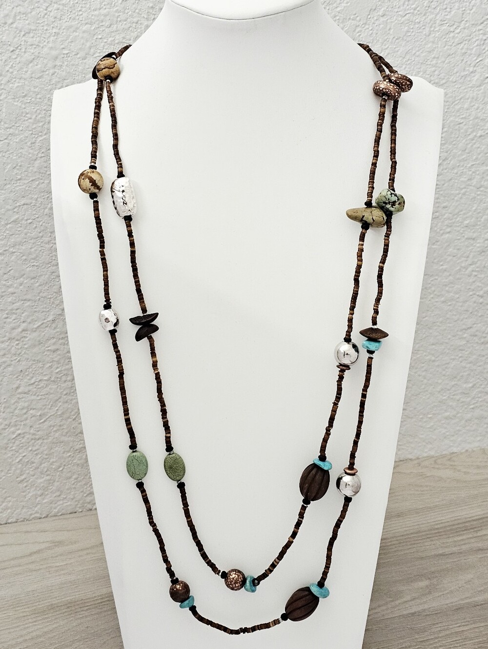 Silpada Sterling Silver Howlite Jasper Copper Bead Salwag Lip Shell 60" Necklace